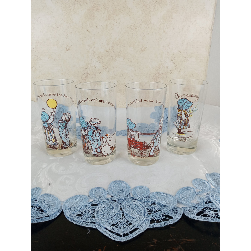 Vintage 1970's American Greetings Holly Hobbie Tumbler Glasses Blue Set of 4